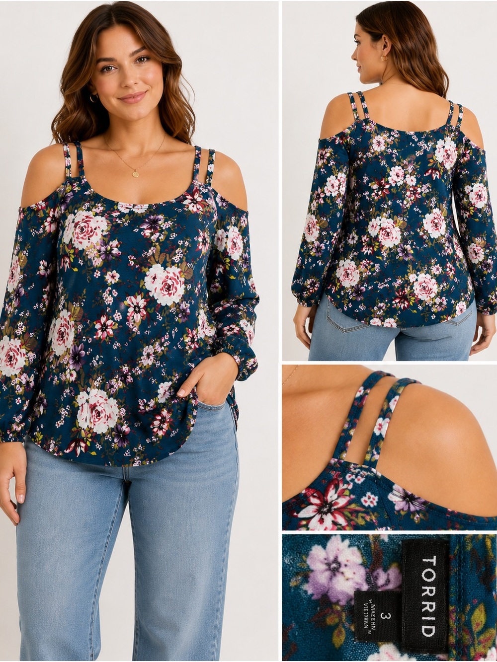 Torrid Size 3 Floral Cold Shoulder Top 3X Teal Pink Purple Boho Blouse Plus Size